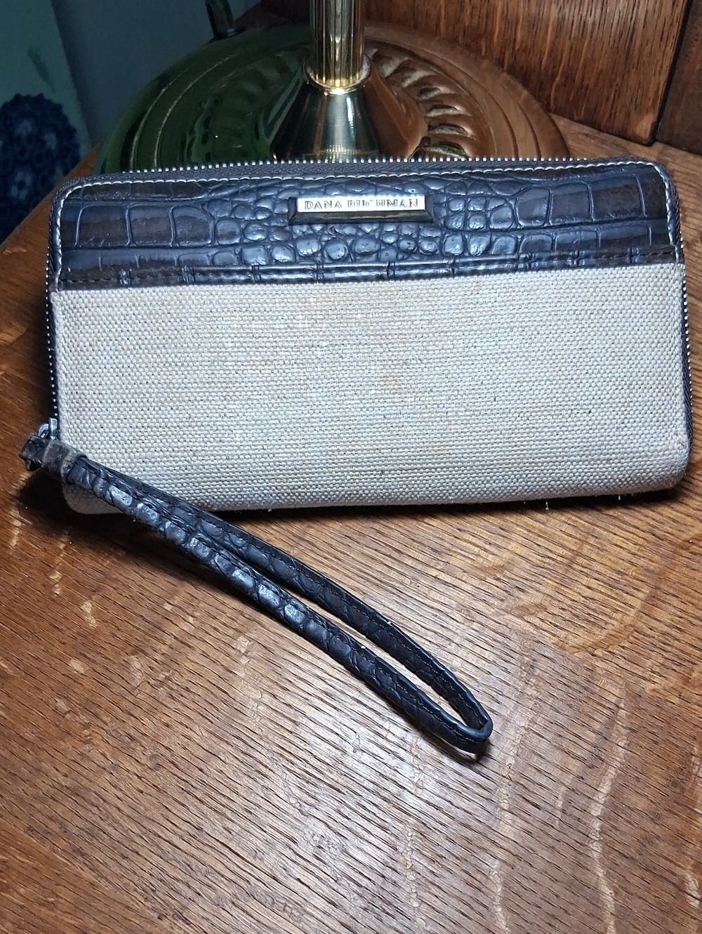 Dana Buchman Croc-Trim Canvas Wristlet in Beige and Dark Brown